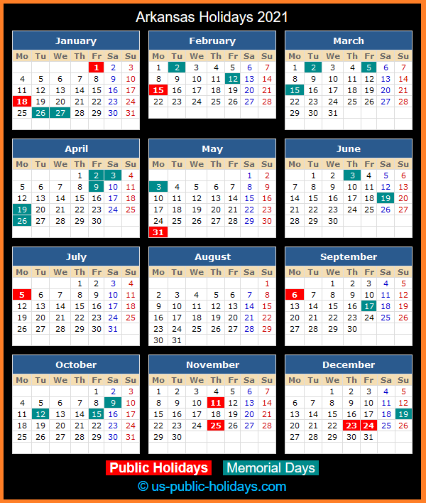 Arkansas Holiday Calendar 2021